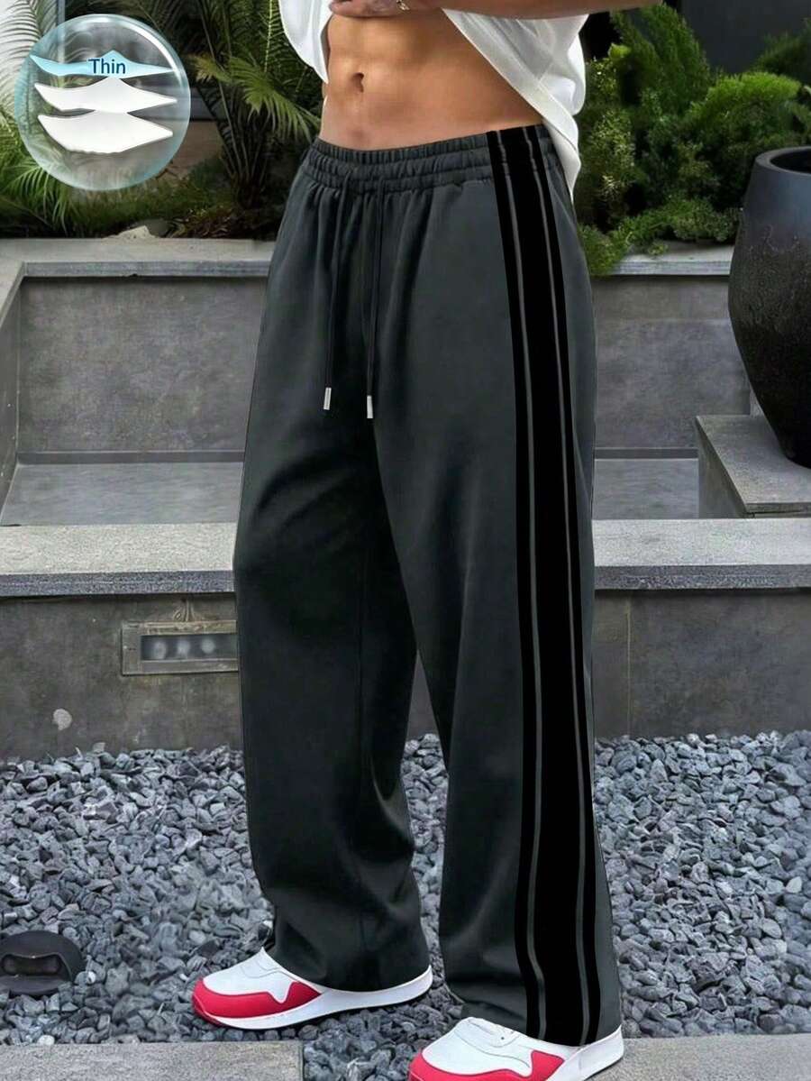 男士夏季條紋直筒寬鬆快乾沙灘徒步健身通勤多功能運動長褲 - 深灰色 - 查看 1