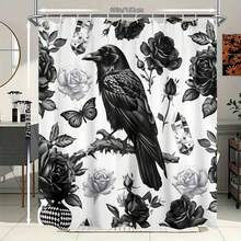 1Pc Gothic Crow & Floral Shower Curtain, Black & White Botanical Print, Machine Washable Polyester With 12 Hooks, Modern Elegant Bathroom Decor, Smooth Texture Fabric For Stylish Home Aesthetics, Bathroom Decor And Accessories - 顏色2 - 查看 10