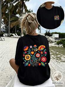 Frühling/Sommer Oversized Top, 100% Baumwolle, Damen Kurzarm T-Shirt, lustige und farbenfrohe Blumenmuster, Rundhals, weich und bequem, lässig, Streetwear, Y2K, Strand, Abschlussfeier, Urlaubstop, Musikfestival, schwarzes Top - Schwarz - Übersicht 11