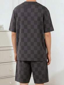Men's Summer Checkered Heart & Bear Print Short Sleeve Shorts Pajama Set, Comfortable Loungewear - Multicolor - View 5