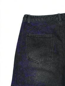 Men's Embroidered Pocket Loose Casual Denim Shorts - Black - View 5