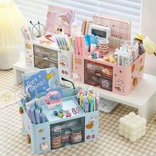 1pc Desk Storage Box With Drawer - Stationery Organizer Box, Plastic Pen And Accessory Storage Box, Multi-Compartment Office Supply Organizer, Pen Holder, Cute Desk Organizer Suitable For Children, Girls, Elementary Students, Multi-Functional Large Capacity Pencil Case - Pink - View 4