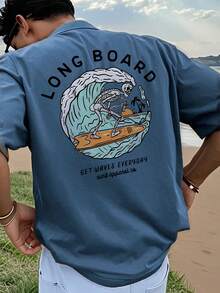 T-shirt à manches courtes décontracté pour hommes avec imprimé d'élément de surf, convient pour l'été, confortable et respirant, à la mode mode - Bleu gris - Voir 2