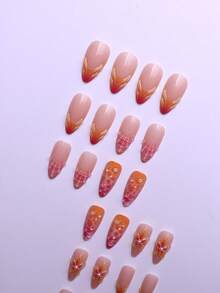 24 Peças Adesivos de Unhas 3D com Formato de Amêndoa Médio-Longo, Apresentando Esquema de Cores do Pôr do Sol Tropical, Algumas Unhas Possuem Designs Florais Elevados com Detalhes de Pérola Falsa, Design de "Unha de Concha" Texturizado para Interesse Tátil e Visual Adicional, Inclui 1 Peça de Gel de Gelatina e 1 Lixa de Unha, Adequado para Mulheres e Meninas para Uso Diário, Festas e Outras Ocasiões - Multicolorido - Visão 6