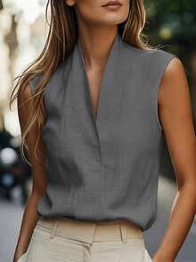 Women's Sleeveless Casual Commuter Tank Top, European And American Style, Elegant Leisure Wear In Beige, Blue, Pink, Green Summer - Dark Grey - View 3