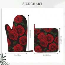 Juego de 4 manoplas de horno y soportes para ollas de color y guantes de silicona resistentes al calor para horno y agarraderas almohadillas para orejas calientes para cocina hornear - Rojo Negro Rosa Flor - Ver 3