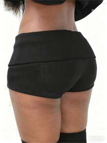 Womens Studded Fold Over Waist Shorts Y2k Low Waist Rivet Micro Shorts Slim Fit Boyshorts Goth Rave Costumes Mini Bottoms Casual Stylish Rivet Design Hot Pants Streetwear Party Clubwear - J12467-黑色 - 查看 4