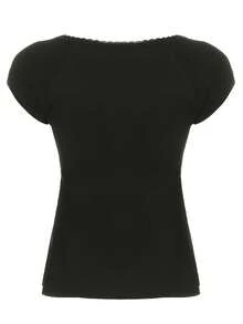 Lace Patchwork V-Neck Buttoned Waist-Cinching Ruched Short-Sleeve Summer A-Line T-Shirt Top - màu đen - Xem 6