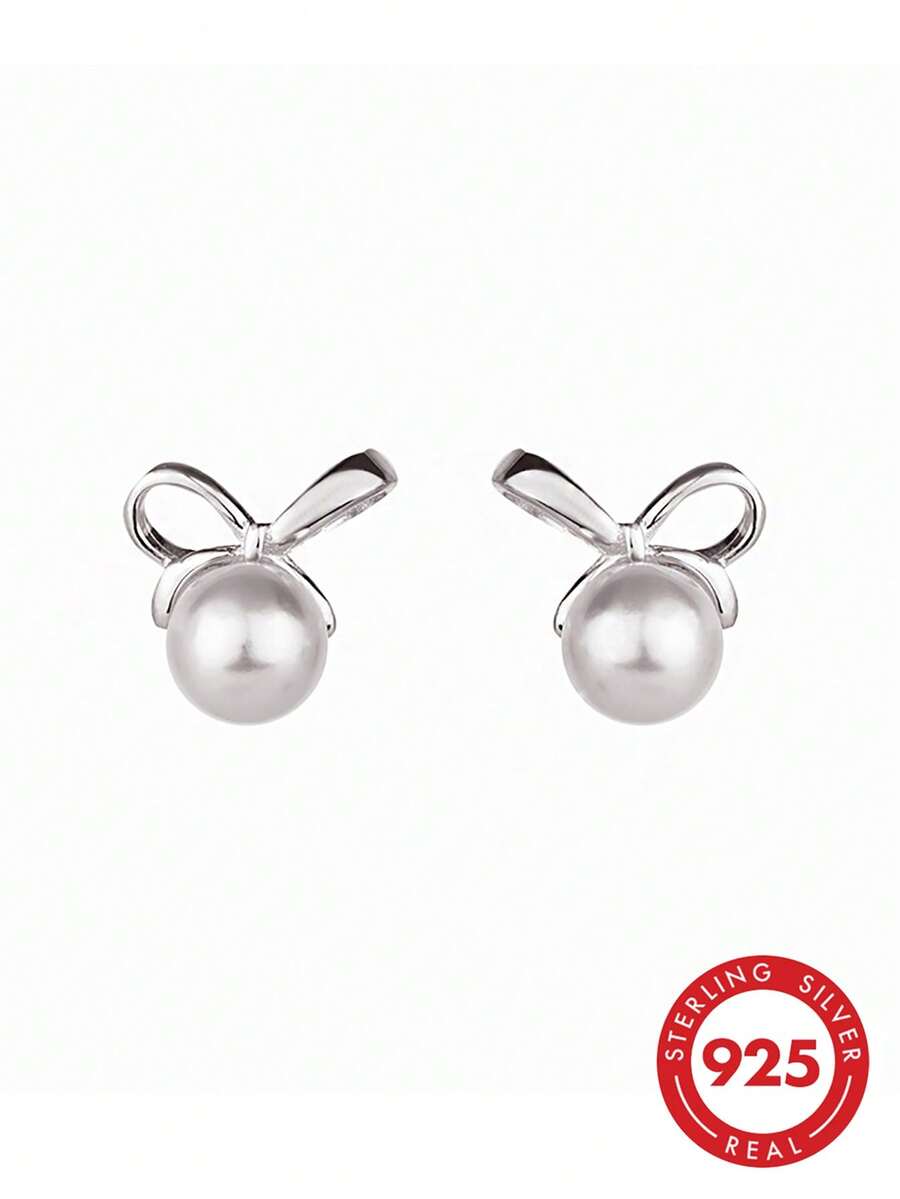 HuooNew 1 Pair S925 Sterling Silver Bow Faux Pearl Stud Earrings, Minimalist Gentle Style Round Bead Bow Earrings For Women - Silver - View 1