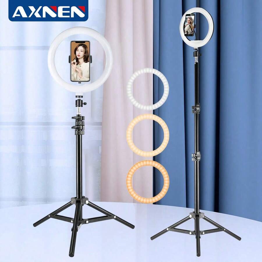 AXNEN Luz de anillo LED de 10 pulgadas con trípode estable de 43.3 pulgadas, adecuado para fotografía, grabación de video, transmisión en vivo al aire libre, maquillaje, compatible con todos los teléfonos inteligentes - Negro - Ver 1