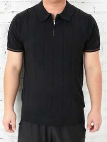 GRDR Men's Polo Collar Vertical Striped Knit Casual Minimalist Short Sleeve T-Shirt - Daily Commute Wear - Black - View 1
