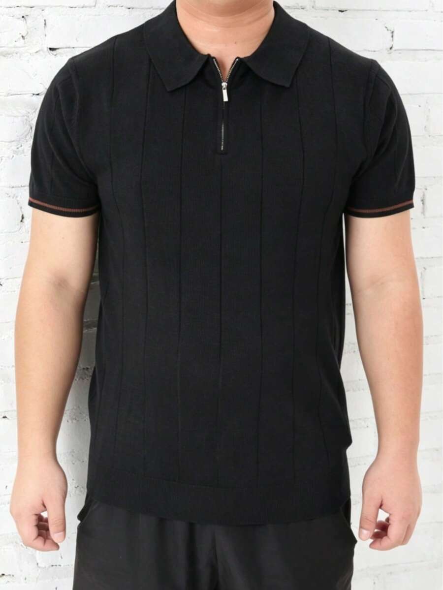 GRDR Men's Polo Collar Vertical Striped Knit Casual Minimalist Short Sleeve T-Shirt - Daily Commute Wear - Black - View 1