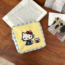 SANRIO 1个Hello Kitty刺绣蓝白格子帆布大容量方形零钱包，防水耐用牛津布多功能收纳袋，拉链便携式化妆包，可爱卡通女孩风格便携小袋，适合学生、上班族、通勤族、旅行族使用。 - 彩色 - 查看 8