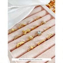 15pcs/Set European And American INS Style Imitation Gem Rings, Faux Pearl Flower Geometric Crystal Bowknot Ring Set - 金色 - 查看 3