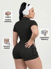 Women's Plus Size Fitness Jumpsuit For Gym, Sports, Winter, Cold Weather, Thermal Jumpsuit With Pockets, Cell Phone, Makeup, Cargo, Training, Running, Cycling, Butt-Lifting, Shapely With Zipper - màu đen - Xem 4