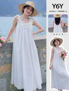 Đầm hè nữ Y6Y kiểu Pháp mới, họa tiết hoa màu xanh lá cây, phong cách thường ngày, lãng mạn. - Pearl White - Xem 11