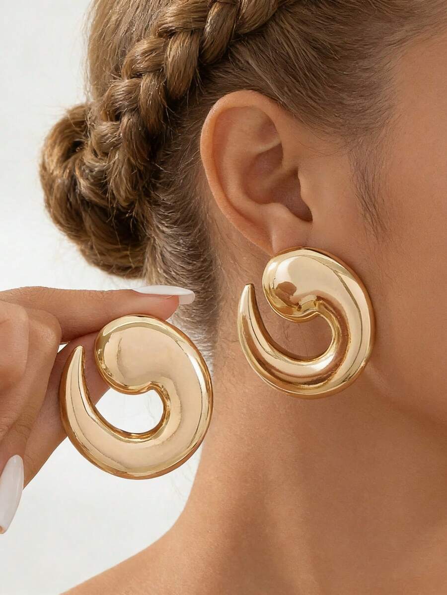 1 par de pendientes de hierro con diseño geométrico elegante - Pendientes de caracol dorado - Ver 1