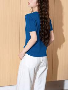女士休闲时尚撞色字母印花圆领针织短袖T恤，夏季 - 藍色 - 查看 2
