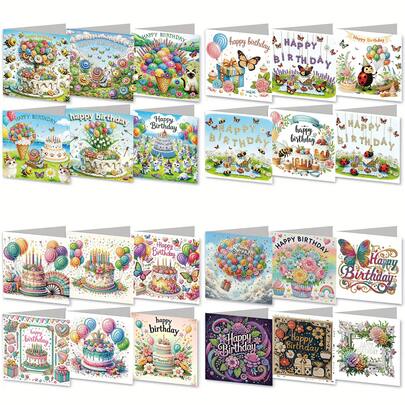 1pc/4pcs DIY Diamond Painting Greeting Card Kit, Birthday Theme With Floral, Birthday Cake, Balloon Patterns, Diamond Art Mosaic Postcard, Suitable For Thank You, Birthday Wishes, Mother's Day, Expressing Warm Blessings And Best Wishes, Great For Family, Friends And Lover's Holiday Party Invitations, Handmade Craft Gift Set With Envelopes