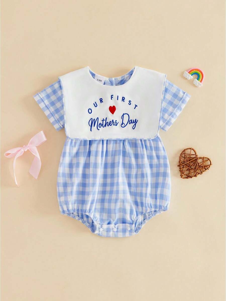 幼児用ロンパース 母の日 夏 クルーネック 半袖 チェック柄プリント 文字 ハート刺繍 ジャンプスーツ - ブルー - チェックする 1
