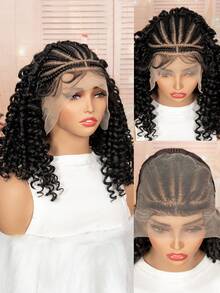 16英寸深波浪蕾丝前假发，女士款 - 自然卷曲合成发际线，预先拔毛的13x6蕾丝，耐热纤维，适合日常佩戴 | 深波浪 | 蕾丝前假发，合成蕾丝前假发 - 黑色 - 查看 3