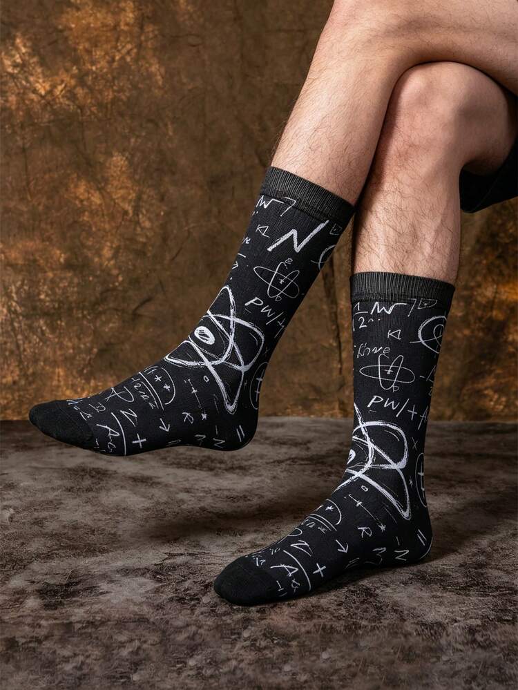 1/3 Pairs Science Knowledge Doodle Pattern Mid-Calf Socks, Men's Mid-Calf Socks, Creative & For Summer - Multicolor - View 5