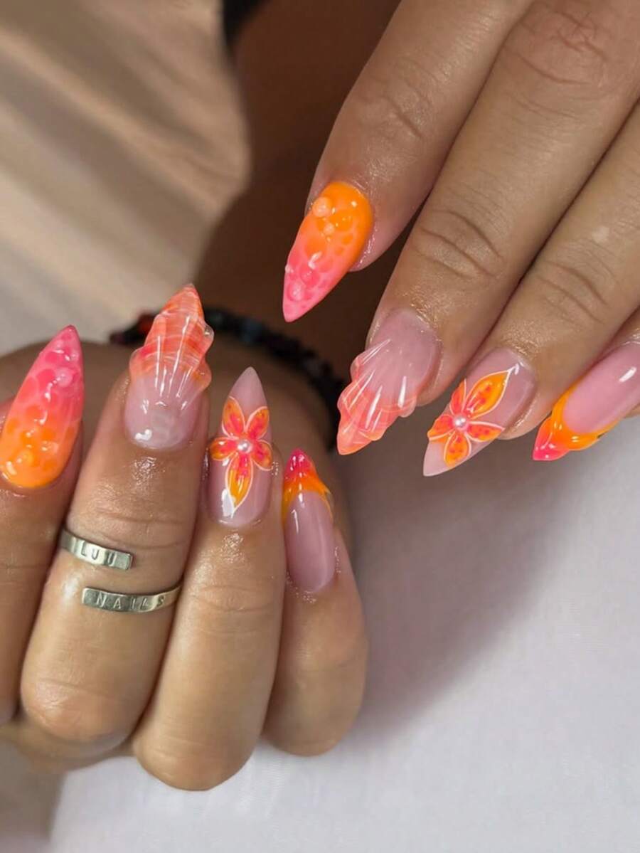 24 Peças Adesivos de Unhas 3D com Formato de Amêndoa Médio-Longo, Apresentando Esquema de Cores do Pôr do Sol Tropical, Algumas Unhas Possuem Designs Florais Elevados com Detalhes de Pérola Falsa, Design de "Unha de Concha" Texturizado para Interesse Tátil e Visual Adicional, Inclui 1 Peça de Gel de Gelatina e 1 Lixa de Unha, Adequado para Mulheres e Meninas para Uso Diário, Festas e Outras Ocasiões - Multicolorido - Visão 1