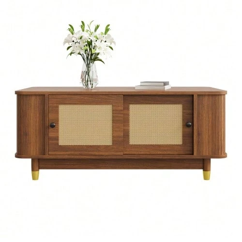 Couchtisch Mit Rattan-Schiebetüren, Abgerundete Ecken, Stauraum, MDF, Holzoptik, Wohnzimmertisch, Modernes Design - Walnut - View 1