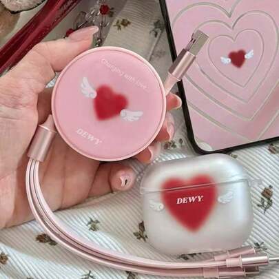 Cute Gradient Hear Earphones Case With Angel Wings, Shockproof Matte TPU Protective Cover, Y2K Aesthetic Earphone Case For Girls