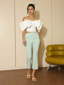 Solid Color Bow Decor Fitted Cropped Camisole, Summer Casual White - White - View 3