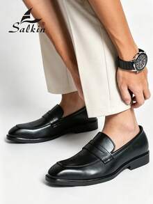 Salkin 男士时尚一脚蹬便士乐福鞋，绅士真皮正装鞋，方头商务办公正装鞋，现代生活平价奢华之选。经典英伦风格，柔软舒适的真皮鞋面，防滑耐磨鞋底，适合搭配西装、毕业典礼、婚礼、派对、日常休闲穿着。尺码齐全，包括加大码。 - 黑色 - 查看 7