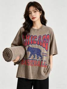 Vintage Washed Chicago Cubs Baseball Graphic Tee | Retro Windy City T-Shirt - Coffee Brown 08 - View 3