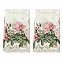 1pc/2pcs/4pcs/6pcs/8pcs/100pcs Kitchen Towels, With French Vintage Pink Rose Lace Trim/Vintage Scroll Pink Rose Pattern, Made Of 100% Polyester, Highly Absorbent, Quick Drying And Easy To Clean, Hand Wash, Machine Wash And Dry Clean Friendly - Multicolor - View 2