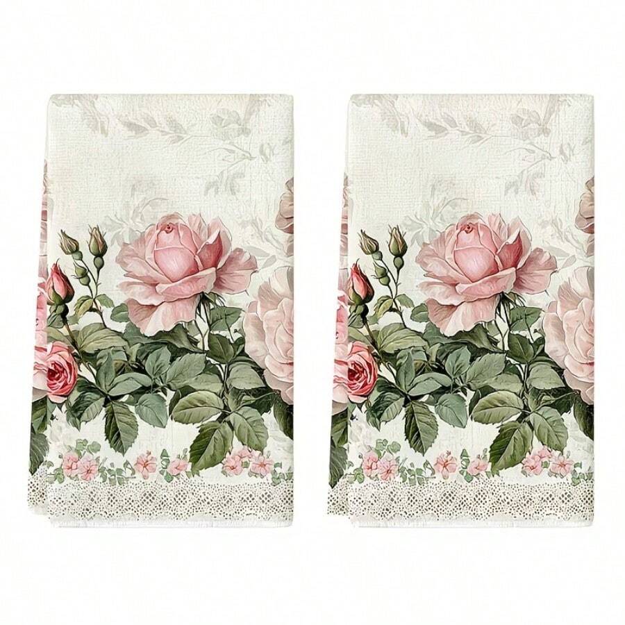 1pc/2pcs/4pcs/6pcs/8pcs/100pcs Kitchen Towels, With French Vintage Pink Rose Lace Trim/Vintage Scroll Pink Rose Pattern, Made Of 100% Polyester, Highly Absorbent, Quick Drying And Easy To Clean, Hand Wash, Machine Wash And Dry Clean Friendly