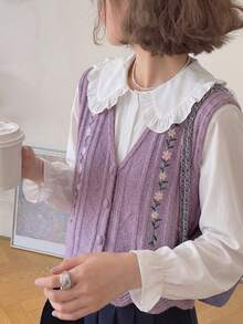 Áo khoác cardigan cổ chữ V thêu Tonlion, thiết kế giúp trẻ hóa làn da. - màu tím xám - Xem 4