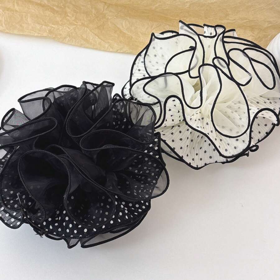 1pc Geometric Pattern Casual Polyester Scrunchie, Ethereal Polka Dot Mesh Ruffle Edge Hair Tie, Suitable For All Seasons - Multicolor - View 1