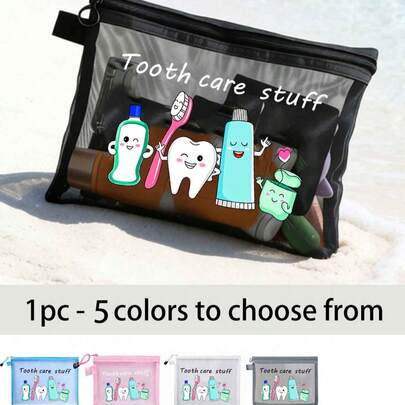 Bolsa de almacenamiento con patrón de dientes de dibujos animados, bolsa de maquillaje portátil de malla, bolsa de maquillaje con estampado de letra "Productos de cuidado dental", bolsa de maquillaje de viaje, bolsa de maquillaje transparente portátil, bolsa de artículos de tocador de viaje a la playa, bolsa de accesorios de vacaciones de verano (puede almacenar cosméticos/artículos de tocador/electrónicos), bolsa esencial de viaje al aire libre