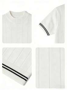 Boys' Half-High Neck Textured Ribbed Knit Black Striped Cuff Casual Knit T-Shirt - White - View 5