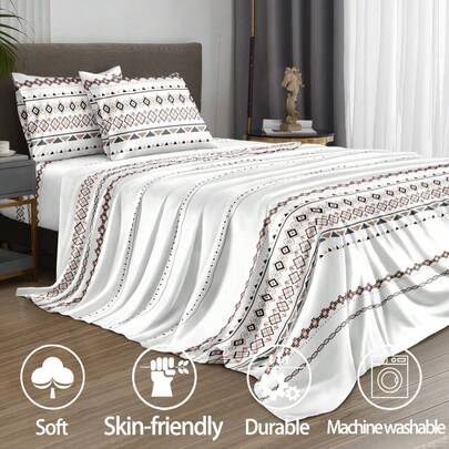 4Pcs White Striped Boho Pattern Sheet Set Bedding Set, 1pc Fitted Sheet & 1pc Flat Sheet& 2pcs Pillowcase Bedding Mattress Protector Set (Not Including Pillow Core)Luxury Fitted Sheet Set King Queen Full TWIN SIZE Sheet Deep Pocket Up To 11.8 Inch Pillowcase, Soft Breathable Wrinkle-Free Better For Sleep, Luxury Hotel Style, Gift For Mom Dad Friend
