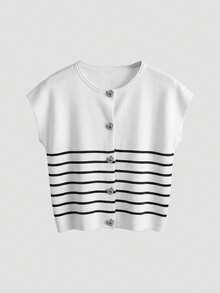 Camiseta sin mangas de punto para mujer, nueva colección primavera/verano, de estilo minimalista y elegante, con cuello redondo, diseño sin mangas, decoración con botón con forma de corazón, top corto y ajustado en color rosa, adecuado para uso casual, trabajo, viajes, citas, ceremonias de graduación y fiestas - Blanco y Negro - Ver 8