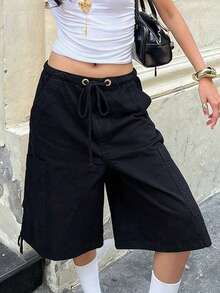 Womens Denim Cargo Shorts Summer Fashionable Drawstring Loose Knee Length Jean Shorts With Pocket - Đen 2 - Xem 2