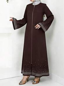 Vestido suelto de manga larga con adornos de strass, de unicolor, estilo árabe de Oriente Medio - color café - Ver 1