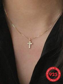 1pc Unique & Classic S925 Sterling Silver Necklace With Glossy Cross Pendant For Women, Gift For Daily Wear - Gold - View 1