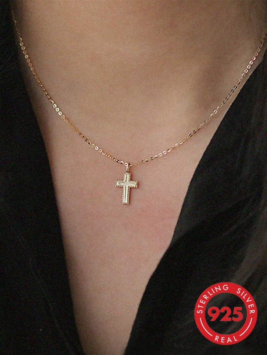 1pc Unique & Classic S925 Sterling Silver Necklace With Glossy Cross Pendant For Women, Gift For Daily Wear - Gold - View 1