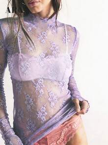 ARA CHIC 女士淡紫色性感弹力蕾丝长袖上衣，时尚立领透视花卉图案优雅叠层T恤，适合2026年春夏度假和约会穿着 - 淡紫色 - 查看 4