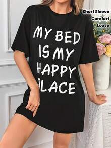Women'S Fun Slogan T-Shirt "My Bed Is My Happy World"| Loose Casual Crew Neck Short Sleeve Top, White Letter Print, Breathable Black Shirt Suitable For Daily Wear And Sleep Theme Styling, Machine Washable Comfort Statementvacation Outfits Women F08B - màu đen - Xem 7