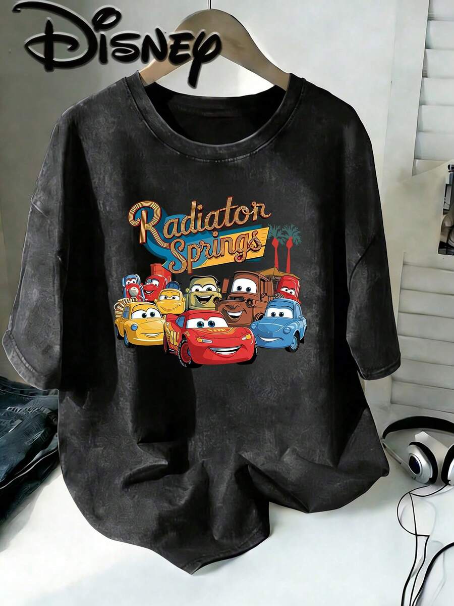 Disney Cars Radiator Springs All Characters Vintage Washed Black Oversized Cotton T-Shirt, Extra Large Baggy Fit Tee For Kids & Adults, Disney Fans Casual Top - 黑色 - 查看 1