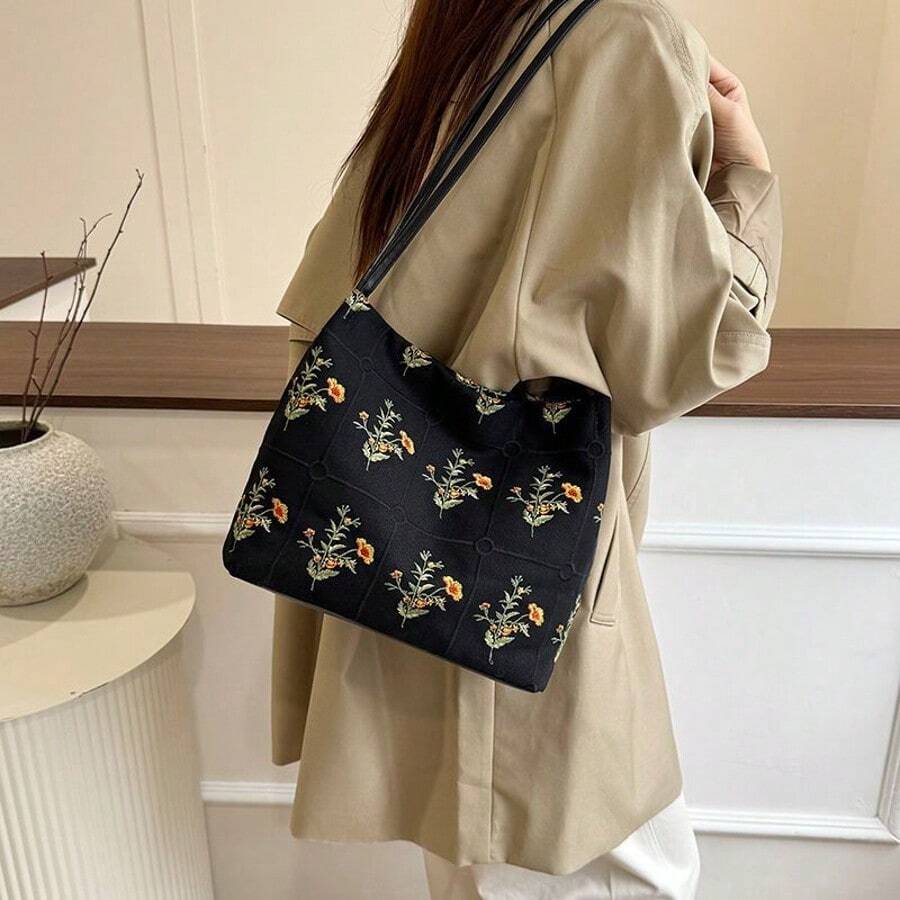 2024 Spring/Summer New Embroidered Print Tote Bag, Fashionable Large Capacity Canvas Shoulder Crossbody Bucket Bag - Black - View 1