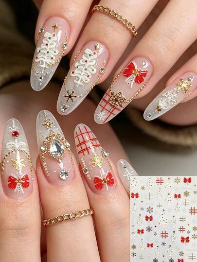 5D Christmas Nail Stickers, Nail Decals - Plaid, Bow, Christmas Tree, Golden Snowflake, Cross Star, English Letters, Nail Art DIY Decorations