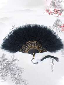 精緻印花摺扇，哥德式黑色羽毛與金色蕾絲刺繡，適合女性與女孩，奢華手持扇，完美適用於化裝舞會、婚禮、舞蹈表演，附流蘇復古摺扇，郵輪度假、海灘旅行、露營必備配件 - 手持扇 - 查看 14
